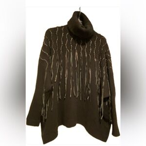 Malandrino Women’s Cashmere Leather Accented Black Turtleneck Sweater Oversized